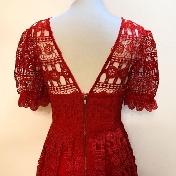 Self-Portrait Guipure V-Neck Puff Sleeve Red Midi Dress US 2 UK 4 Extra Small - Picture 7 of 10
